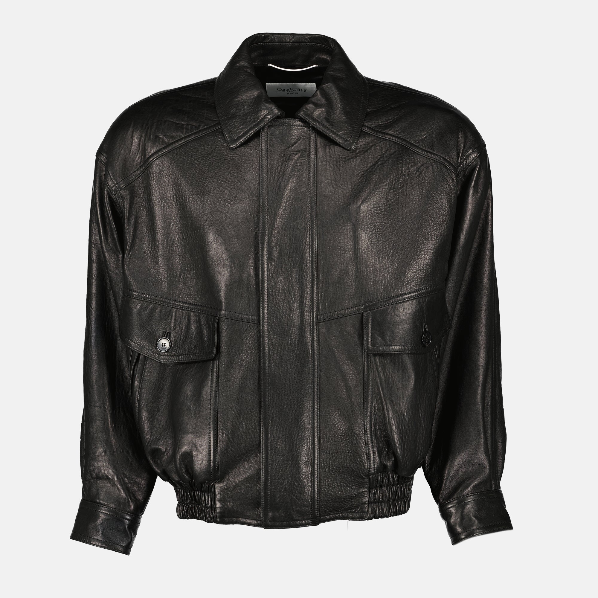 black bomber jacket, lambskin jacket, Saint Laurent outerwear, men's leather jacket, designer bomber jacket