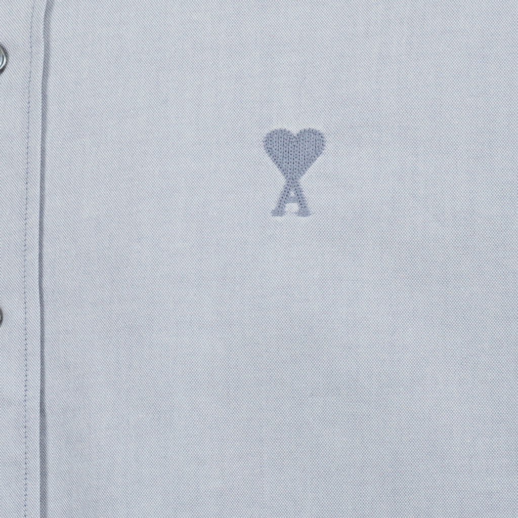blue grey shirt, AMI PARIS shirt, unisex fashion, classic cotton shirt, heart icon shirt