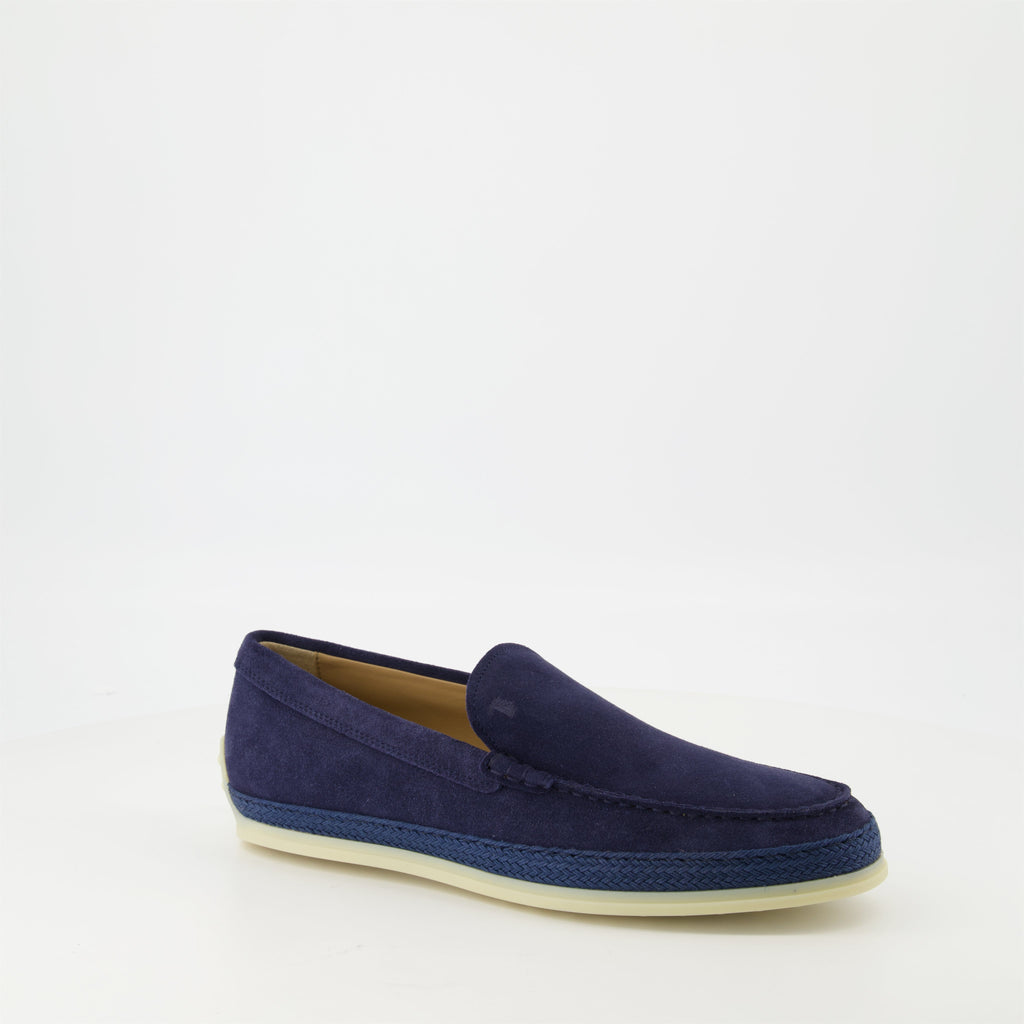 blue suede moccasins, slip-on shoes, gum sole, artisanal detail, contemporary footwear