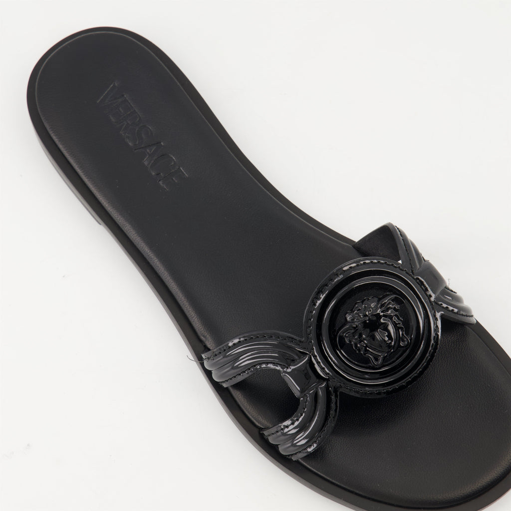 black leather slides, Medusa '95, stylish footwear, comfortable slides, luxury accessories