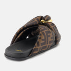 Fendi sandals, brown slip-on sandals, satin sandals, high-end footwear, D-buckle sandals