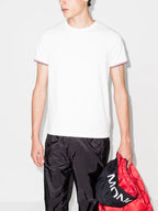 Moncler T-shirt, White logo T-shirt, Luxury trim T-shirt, High-end fashion T-shirt, Designer casual wear
