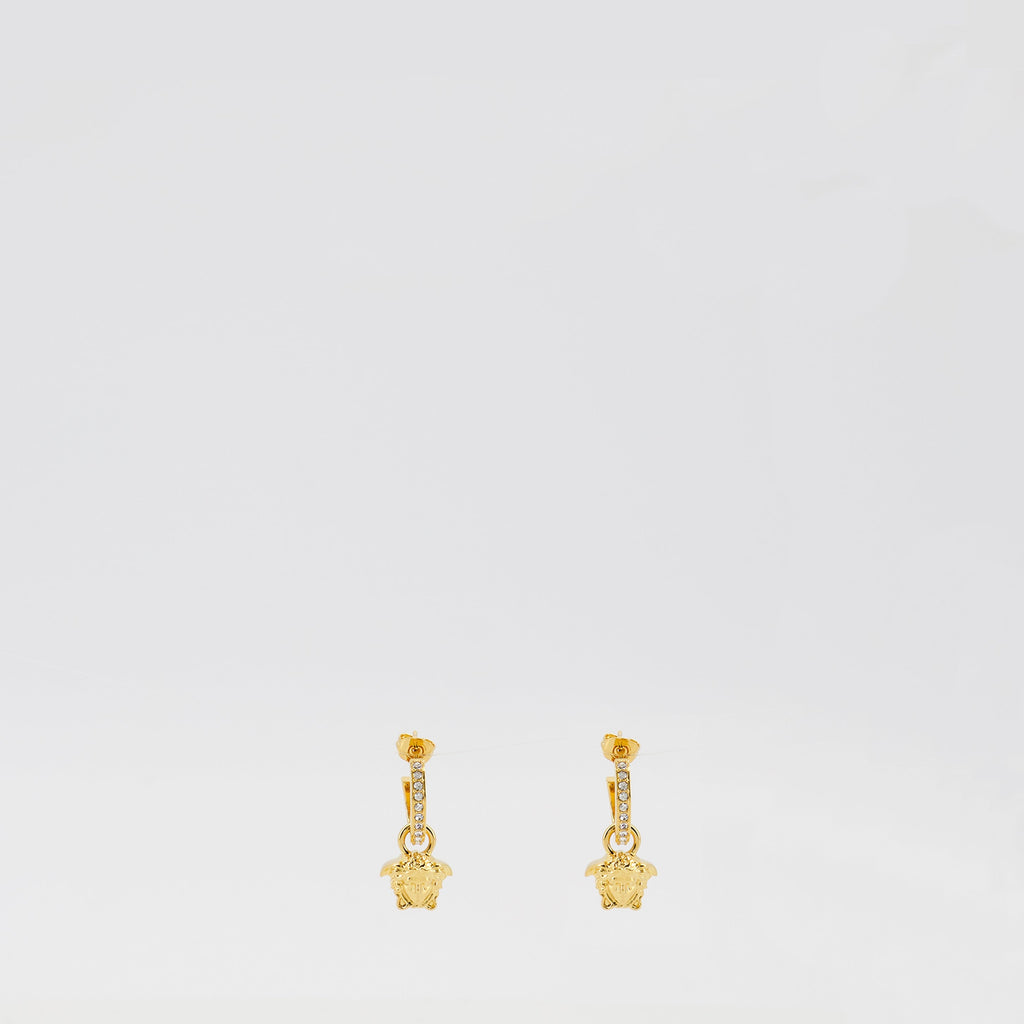 La Medusa earrings, golden hoop earrings, crystal earrings, designer accessories, Medusa logo jewelry