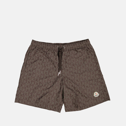 Monogram swim shorts, brown swim shorts, designer swimwear, Moncler shorts, men's swim fashion