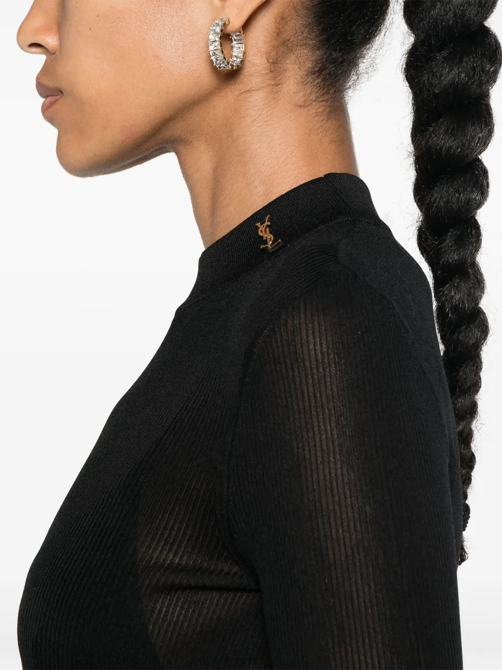 black wool sweater, Saint Laurent, Spring-Summer 2025, women's fashion, Cassandre logo