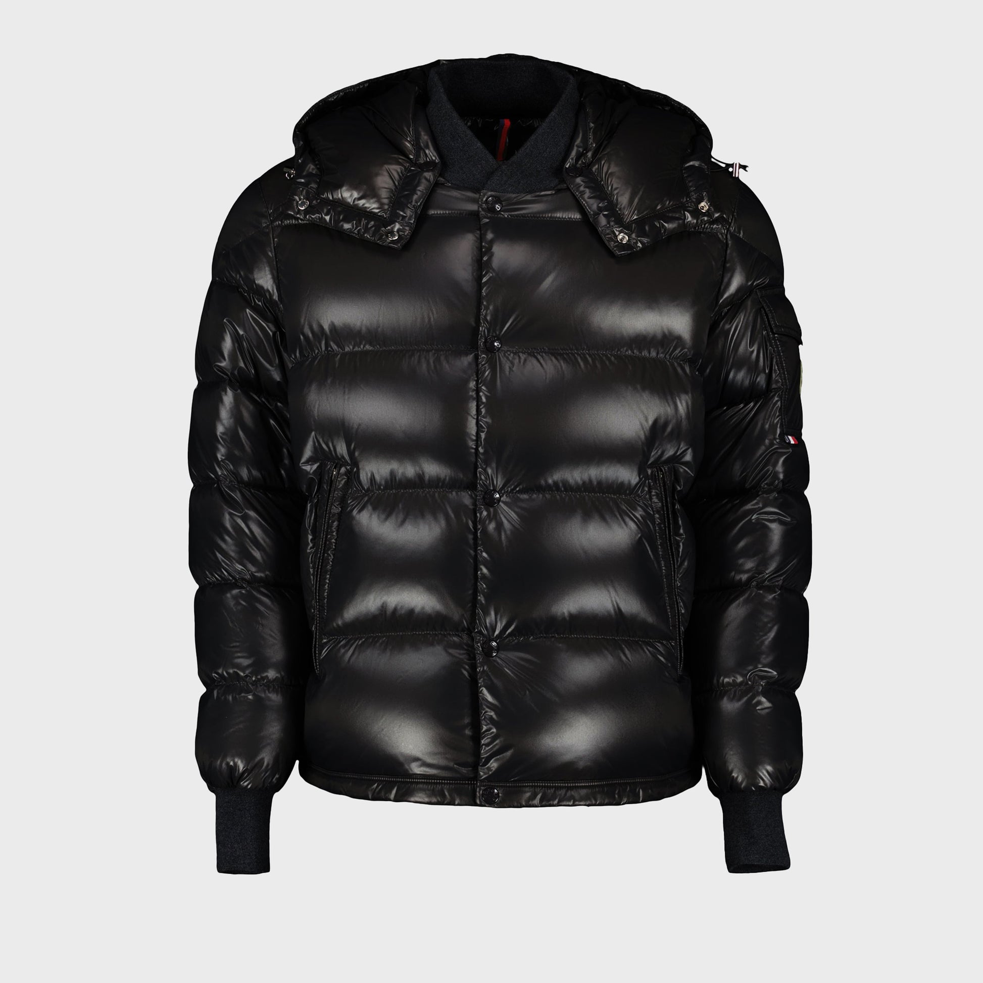 Black bomber jacket, Moncler jacket, Nylon outerwear, Winter fashion, Functional design