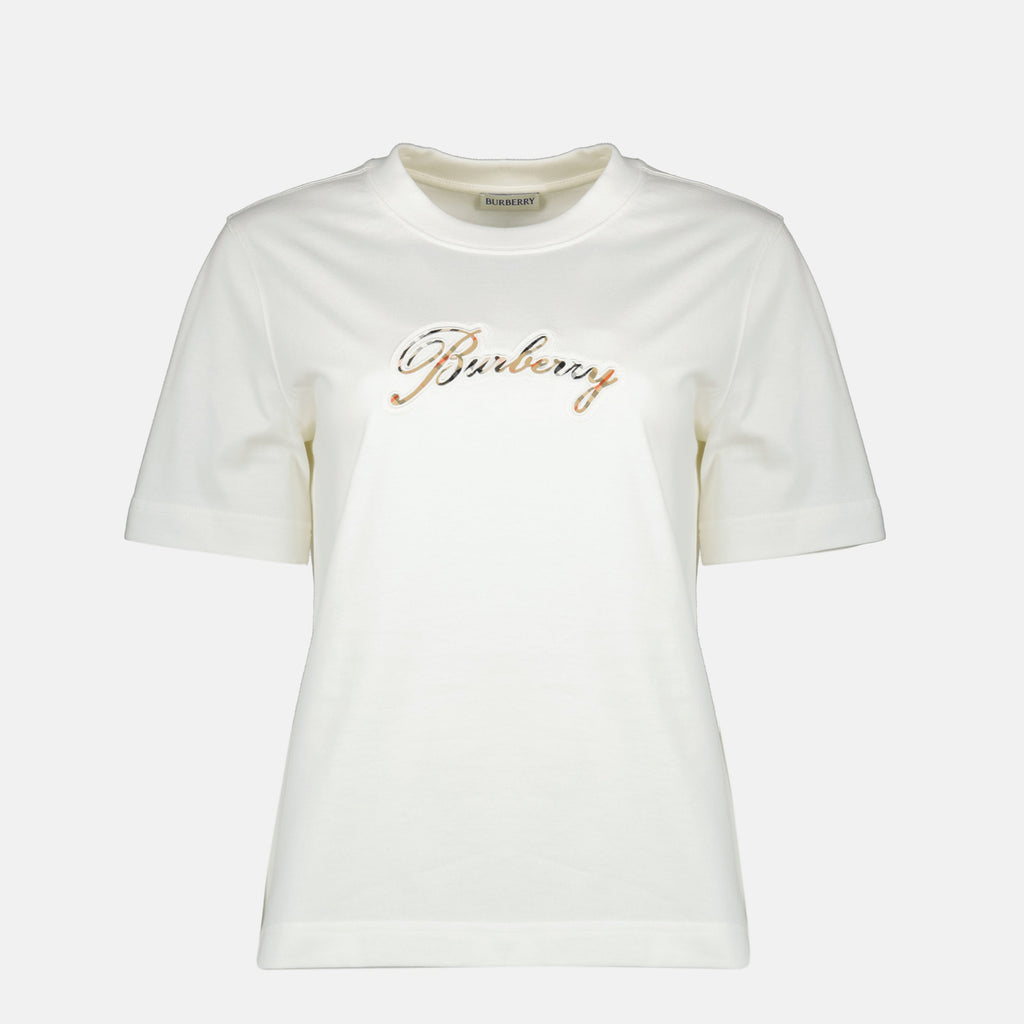 Imagen de la camiseta con logo a cuadros de Burberry para mujeres - Temporada Primavera-Verano 2026 - Vista frontal
