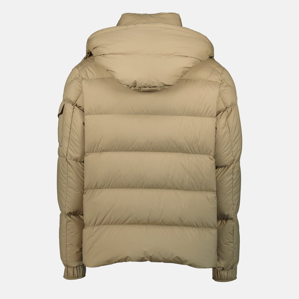 Moncler down jacket, beige outerwear, autumn winter collection, adjustable hood jacket, men's stylish jacket