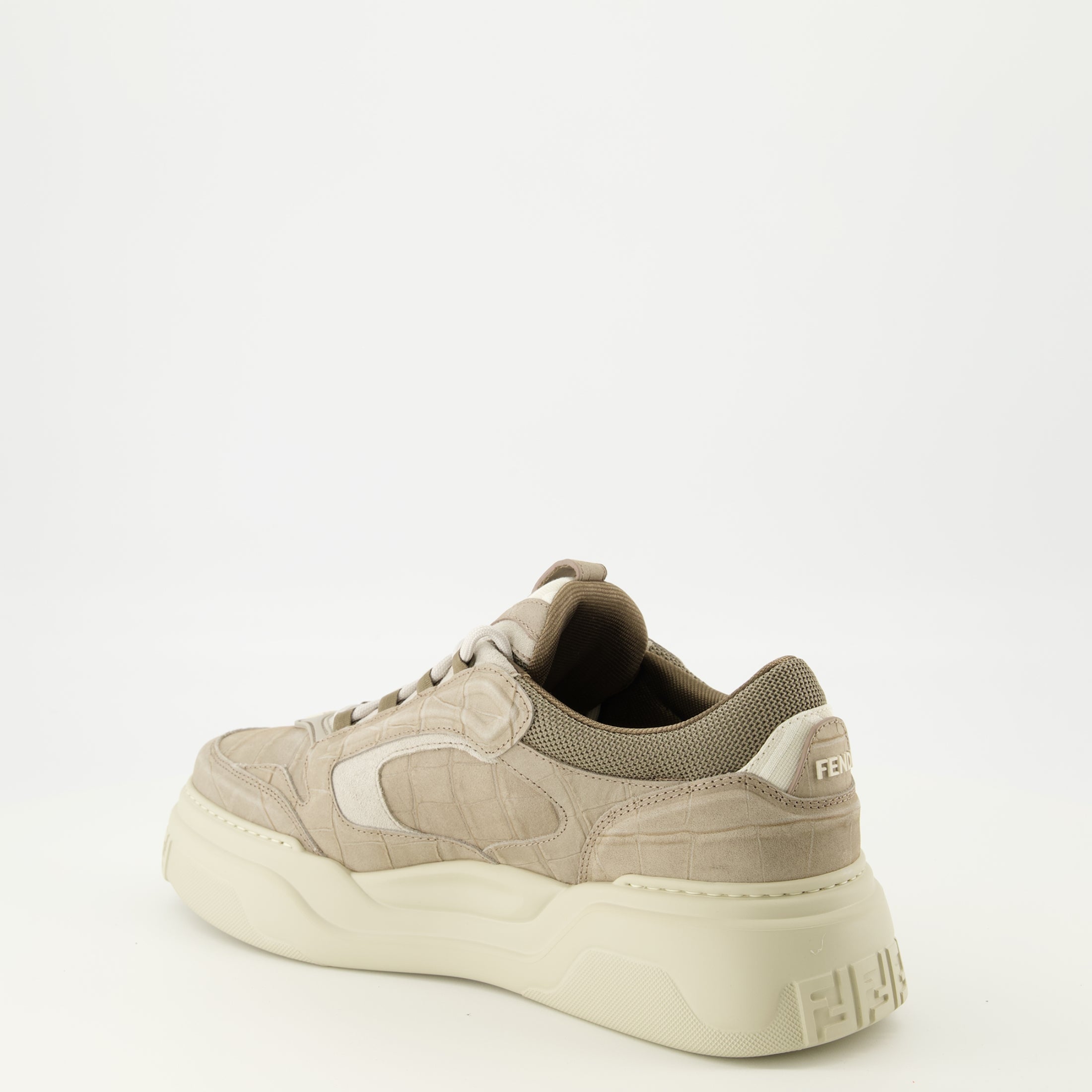 Fendi sneakers, calfskin shoes, grey athletic footwear, luxury sneakers, crocodile effect