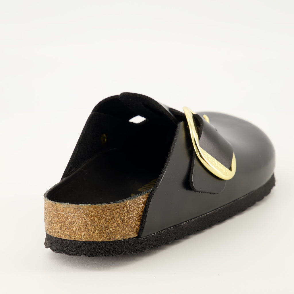 Birkenstock mules, black leather mules, Boston Big Buckle, comfortable footwear, adjustable mules