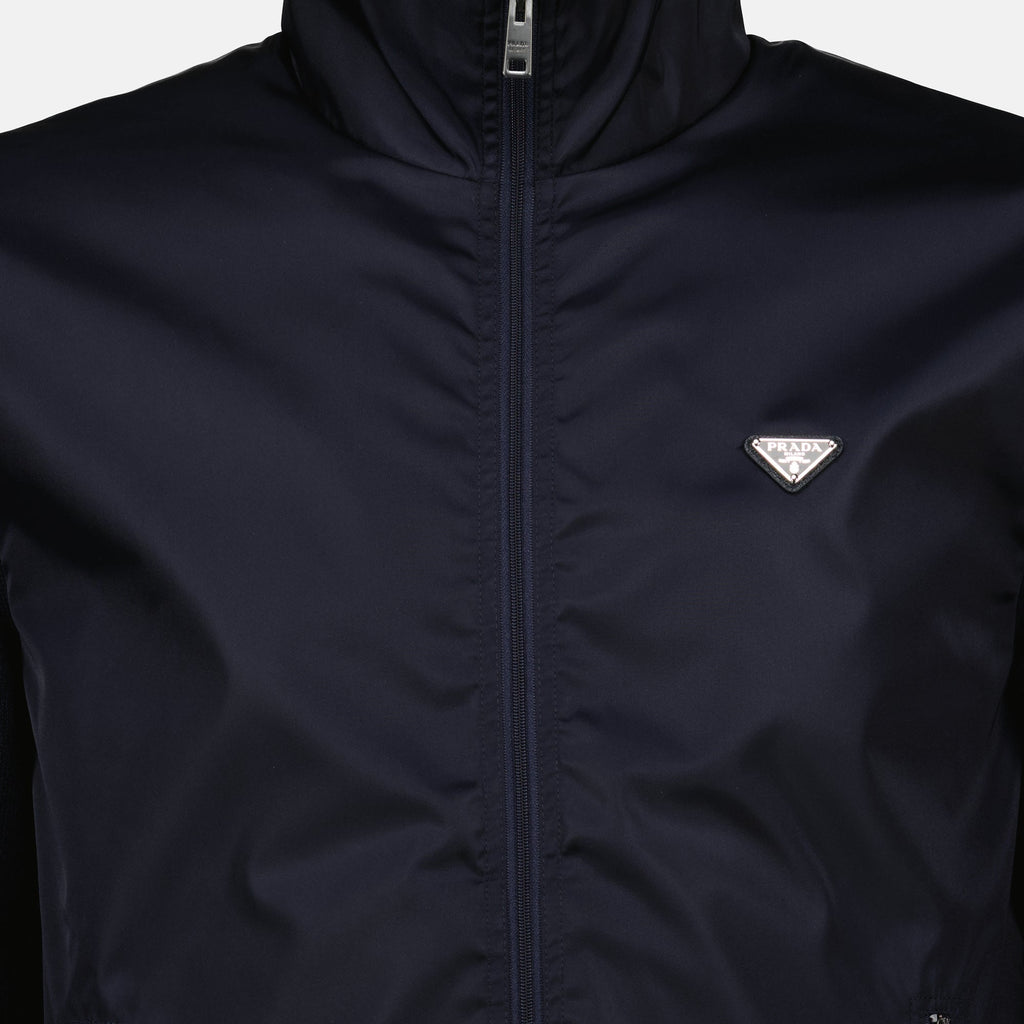 Prada jacket, navy bi-material jacket, recycled materials outerwear, high collar jacket, Autumn-Winter 2025 collection