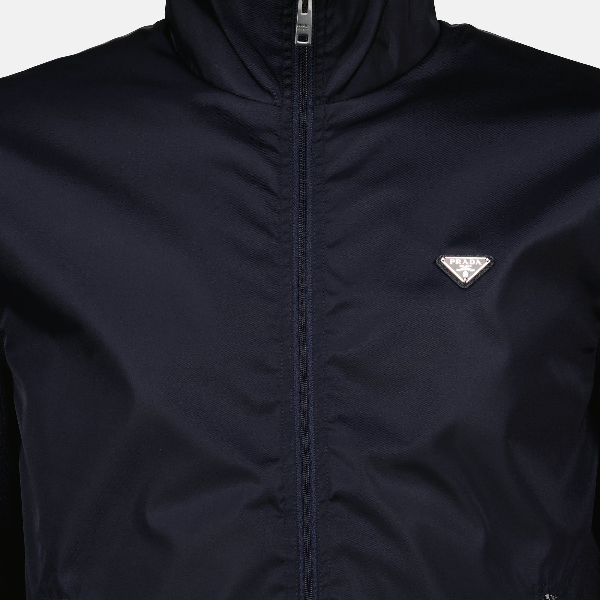 Prada jacket, navy bi-material jacket, recycled materials outerwear, high collar jacket, Autumn-Winter 2025 collection