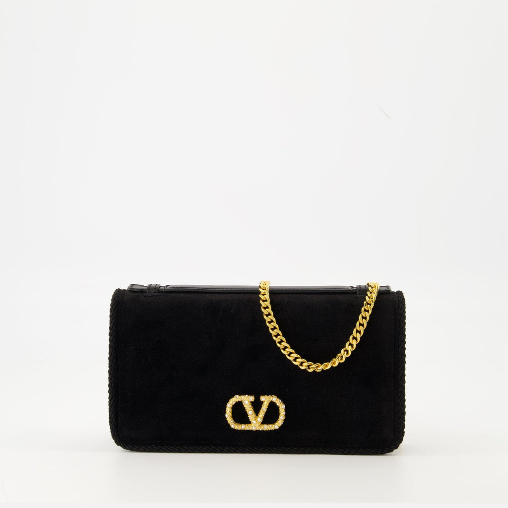 Valentino pouch, black velvet accessory, Autumn-Winter collection, VLogo Signature, detachable chain strap