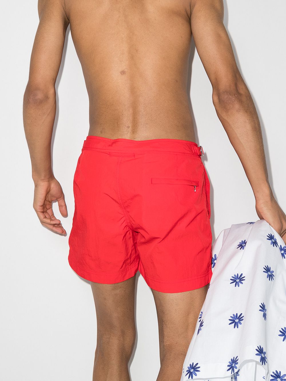 Orlebar Brown, swim shorts, red swim trunks, nylon shorts, luxury swimwear