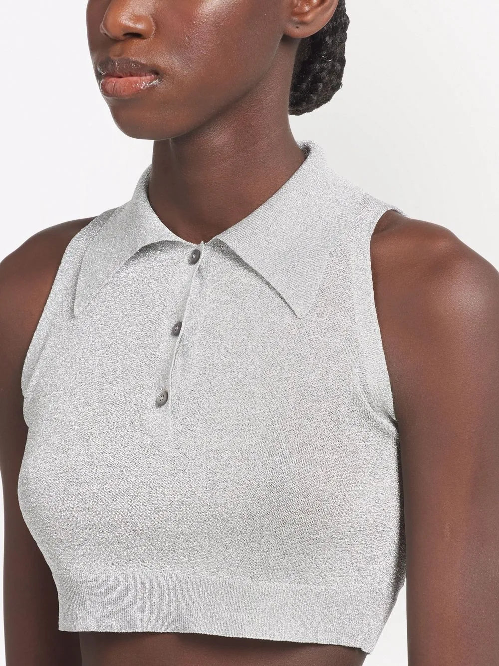 Prada crop-top, silver lurex, premium quality, luxury women's fashion, elegant attire
