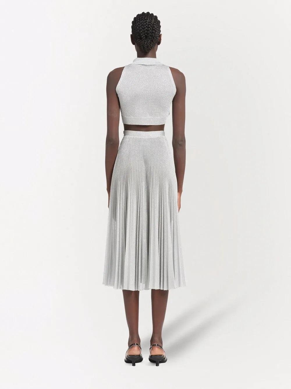 Prada crop-top, silver lurex, premium quality, luxury women's fashion, elegant attire