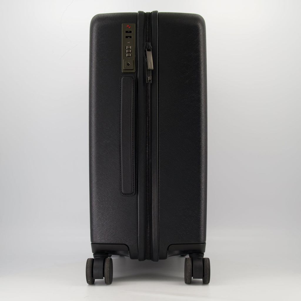 leather rolling luggage, Prada, travel accessories, cabin luggage, luxury travel bag
