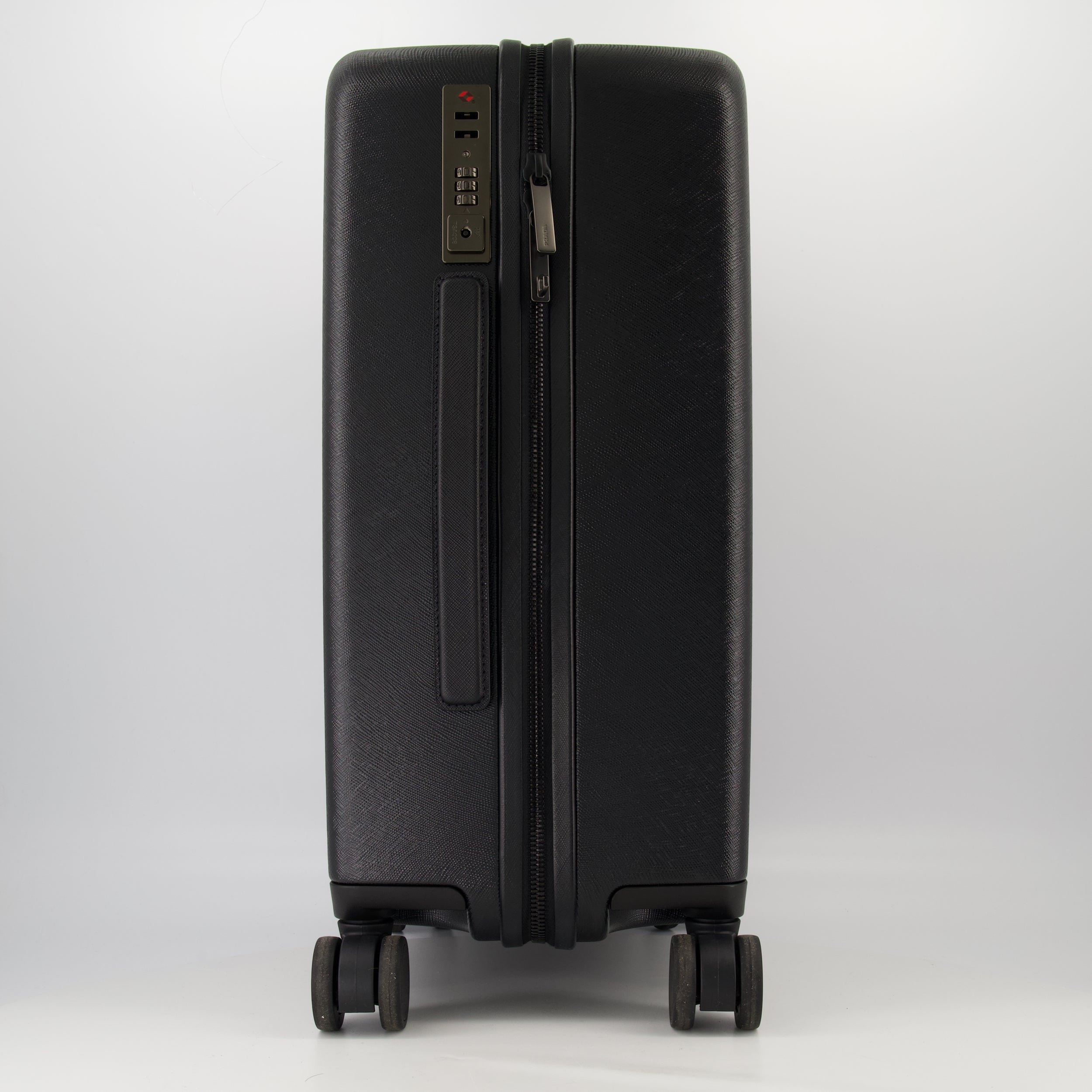 leather rolling luggage, Prada, travel accessories, cabin luggage, luxury travel bag
