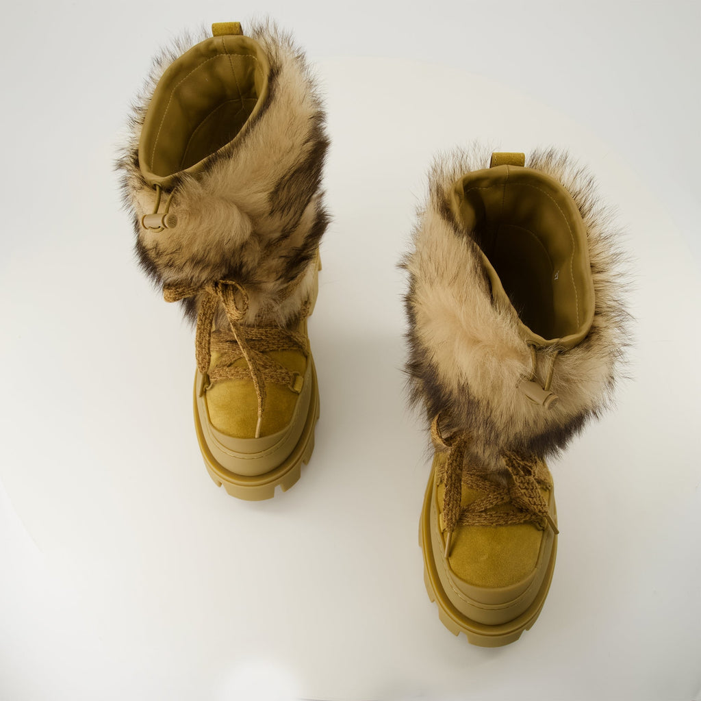 Moncler boots, shearling footwear, brown suede boots, winter shoes, women's boots