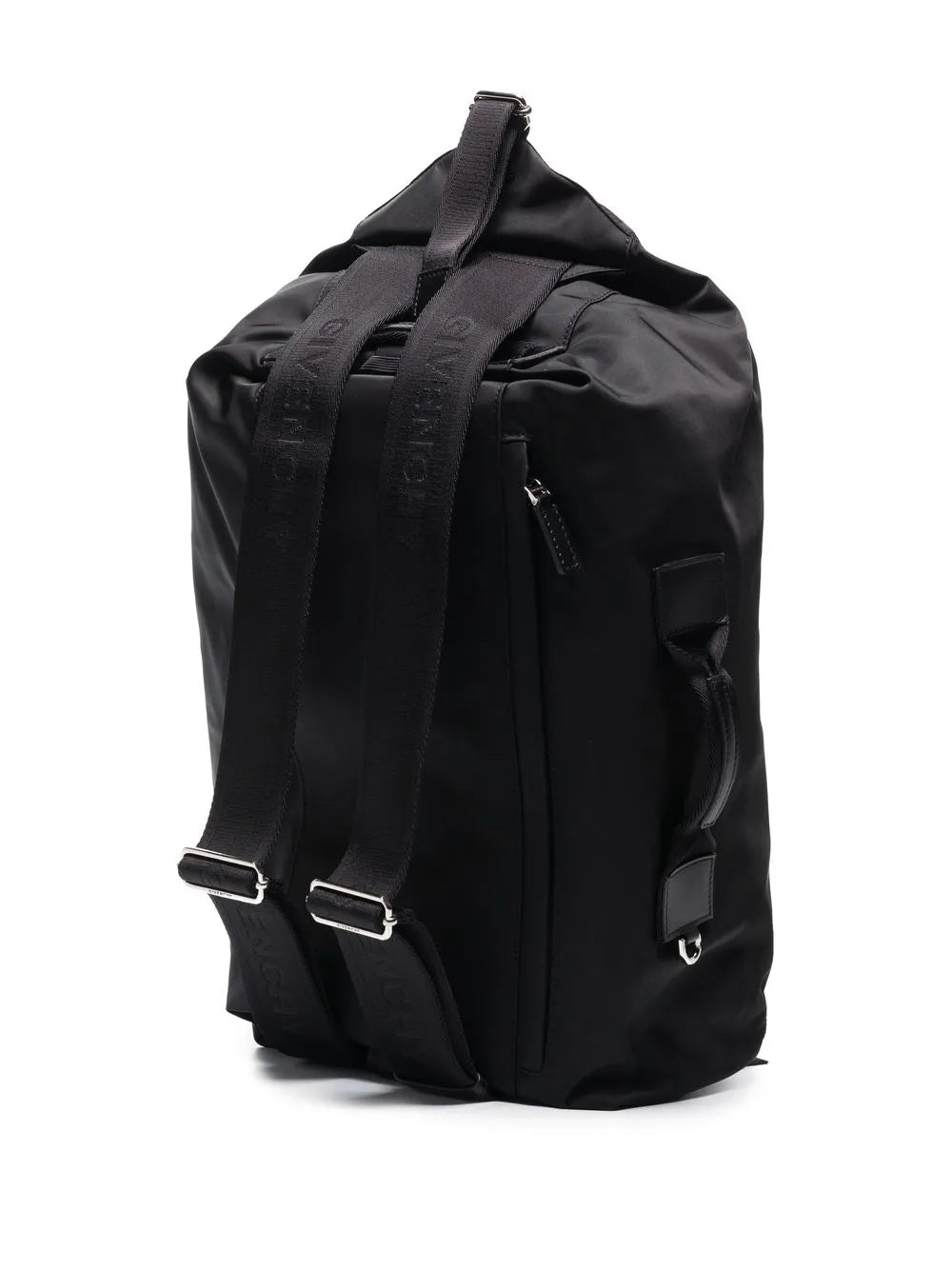 nylon backpack, adjustable straps, leather accents, front zip closure, silver-tone details