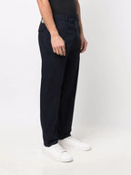 navy trousers, carrot fit trousers, Moncler trousers, cotton pants, stylish trousers