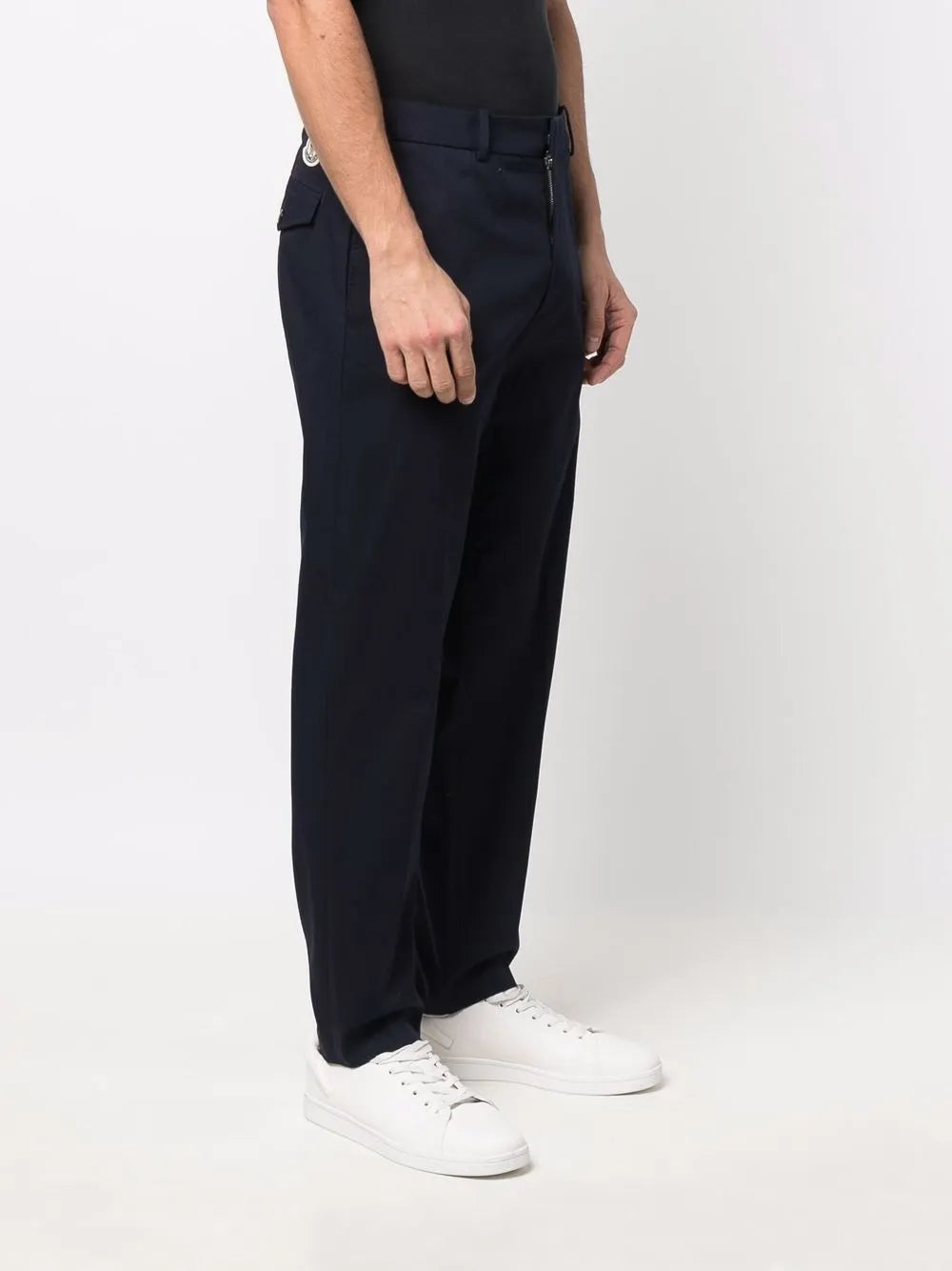 navy trousers, carrot fit trousers, Moncler trousers, cotton pants, stylish trousers