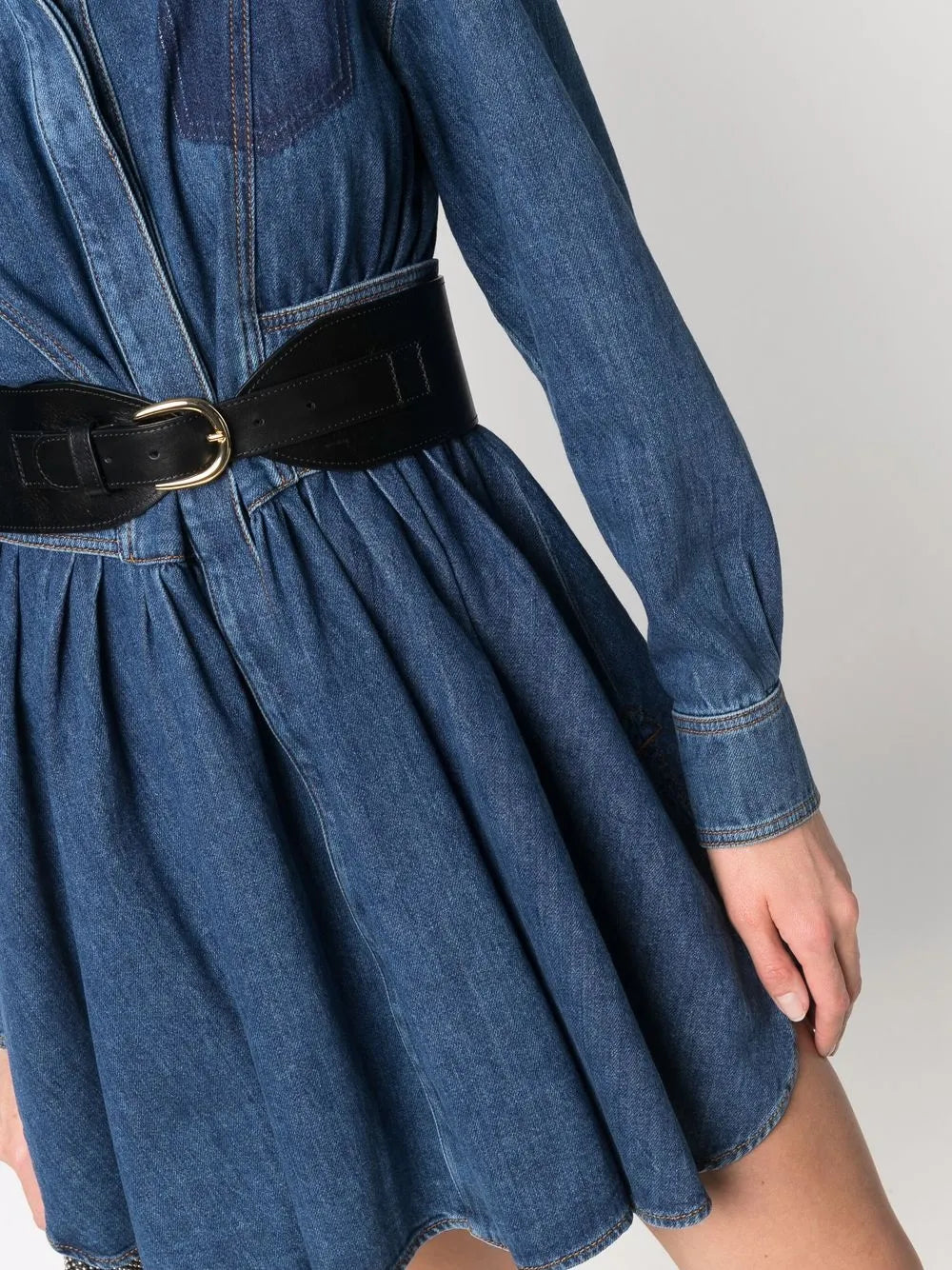 denim dress, fit and flare dress, elegant dress, concealed zip dress, blue dress