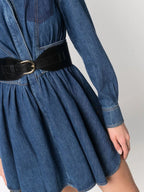 denim dress, fit and flare dress, elegant dress, concealed zip dress, blue dress