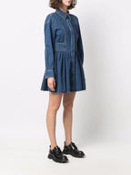 denim dress, fit and flare dress, elegant dress, concealed zip dress, blue dress