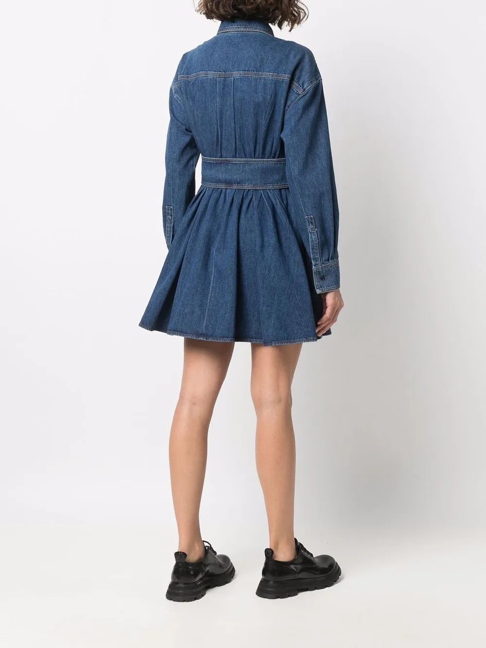 denim dress, fit and flare dress, elegant dress, concealed zip dress, blue dress