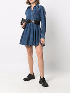 denim dress, fit and flare dress, elegant dress, concealed zip dress, blue dress