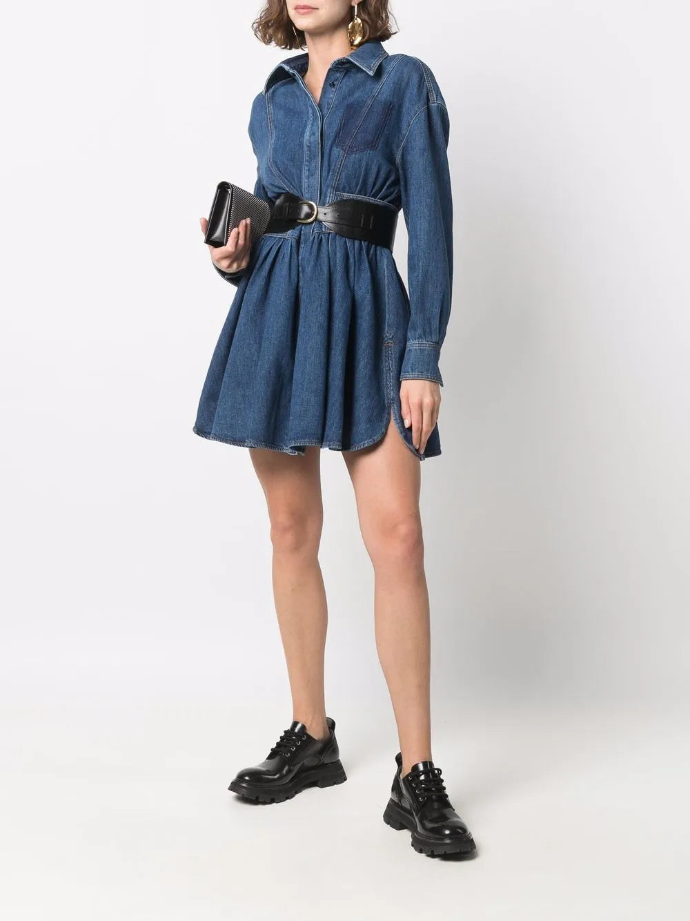 denim dress, fit and flare dress, elegant dress, concealed zip dress, blue dress