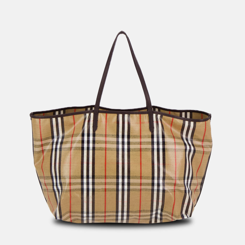 Highlands Check Tote, Burberry bag, cotton and linen tote, leather accents bag, elegant tote bag