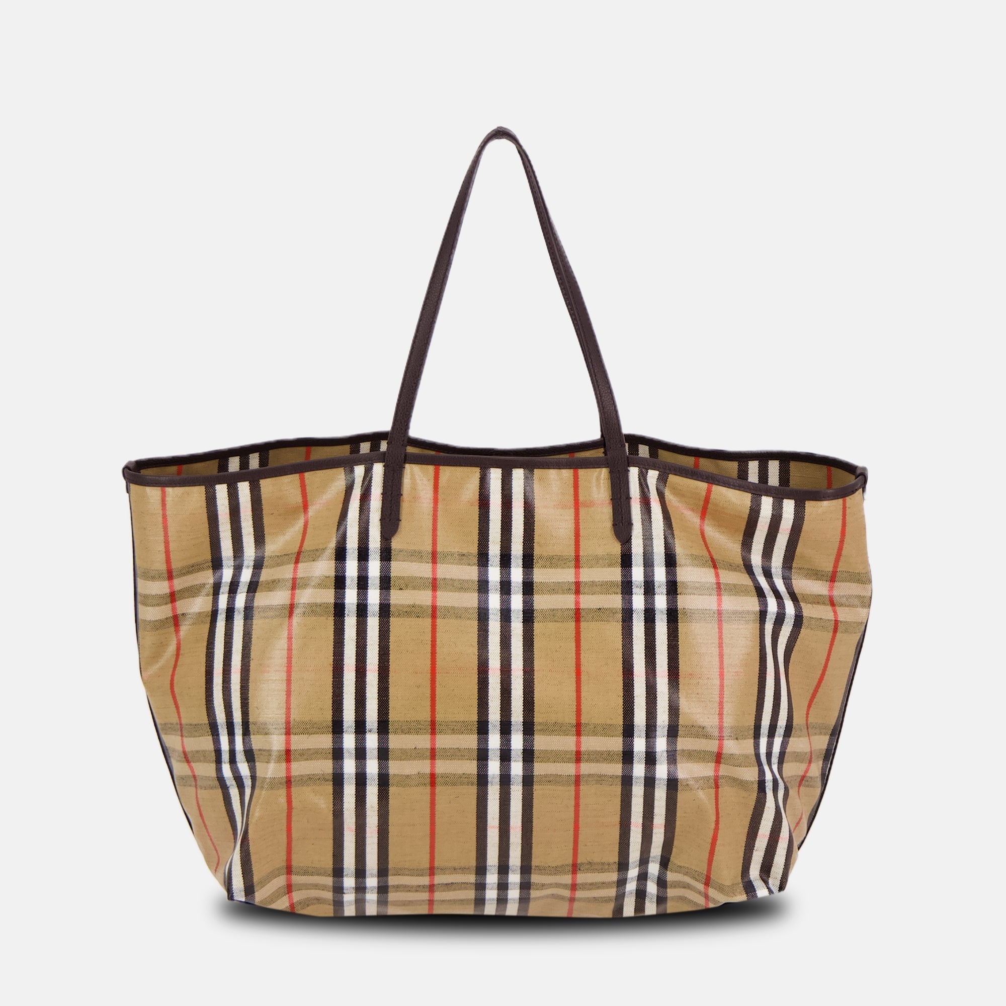 Highlands Check Tote, Burberry bag, cotton and linen tote, leather accents bag, elegant tote bag