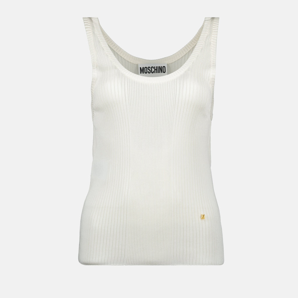 Moschino white top, women's ribbed top, slim-fit top, viscose fashion, spring summer collection