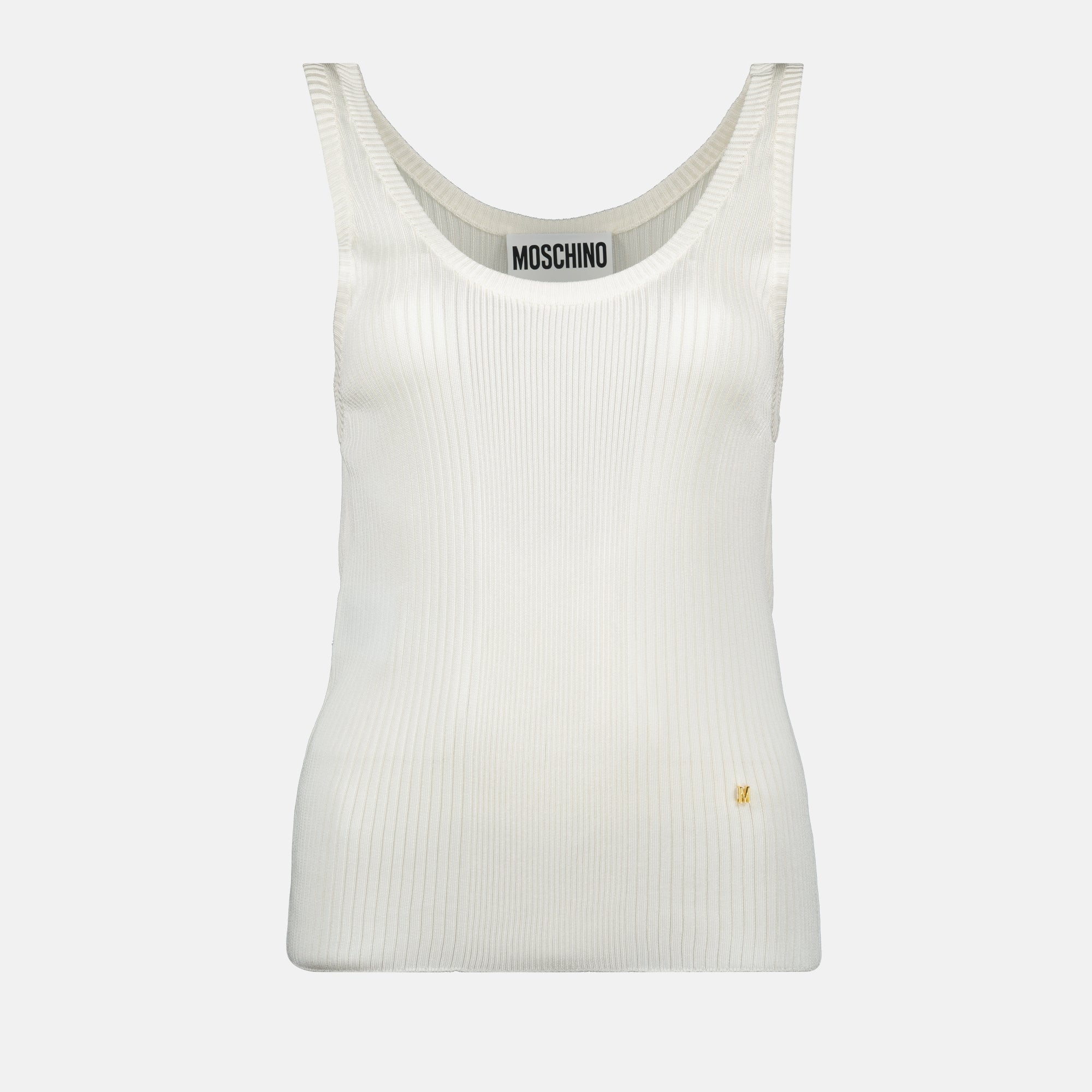 Moschino white top, women's ribbed top, slim-fit top, viscose fashion, spring summer collection