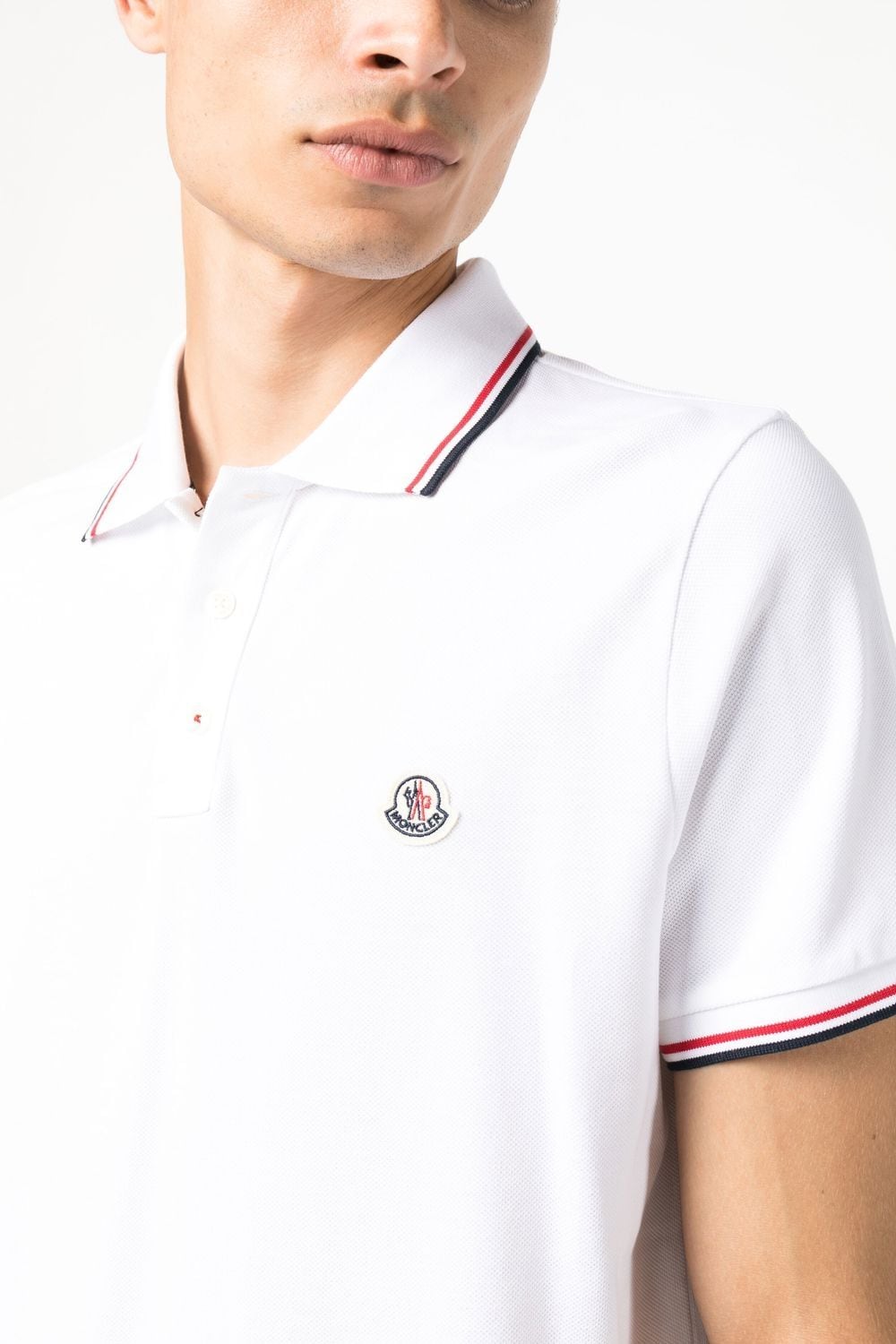 Moncler polo, luxury men's polo, designer white polo, embroidered logo shirt, elegant men's wear