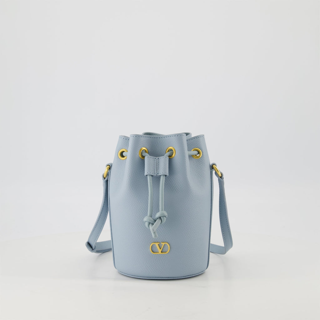 Mini VLogo Bucket Bag, Valentino Garavani, light blue bag, grained calfskin bag, adjustable strap accessory