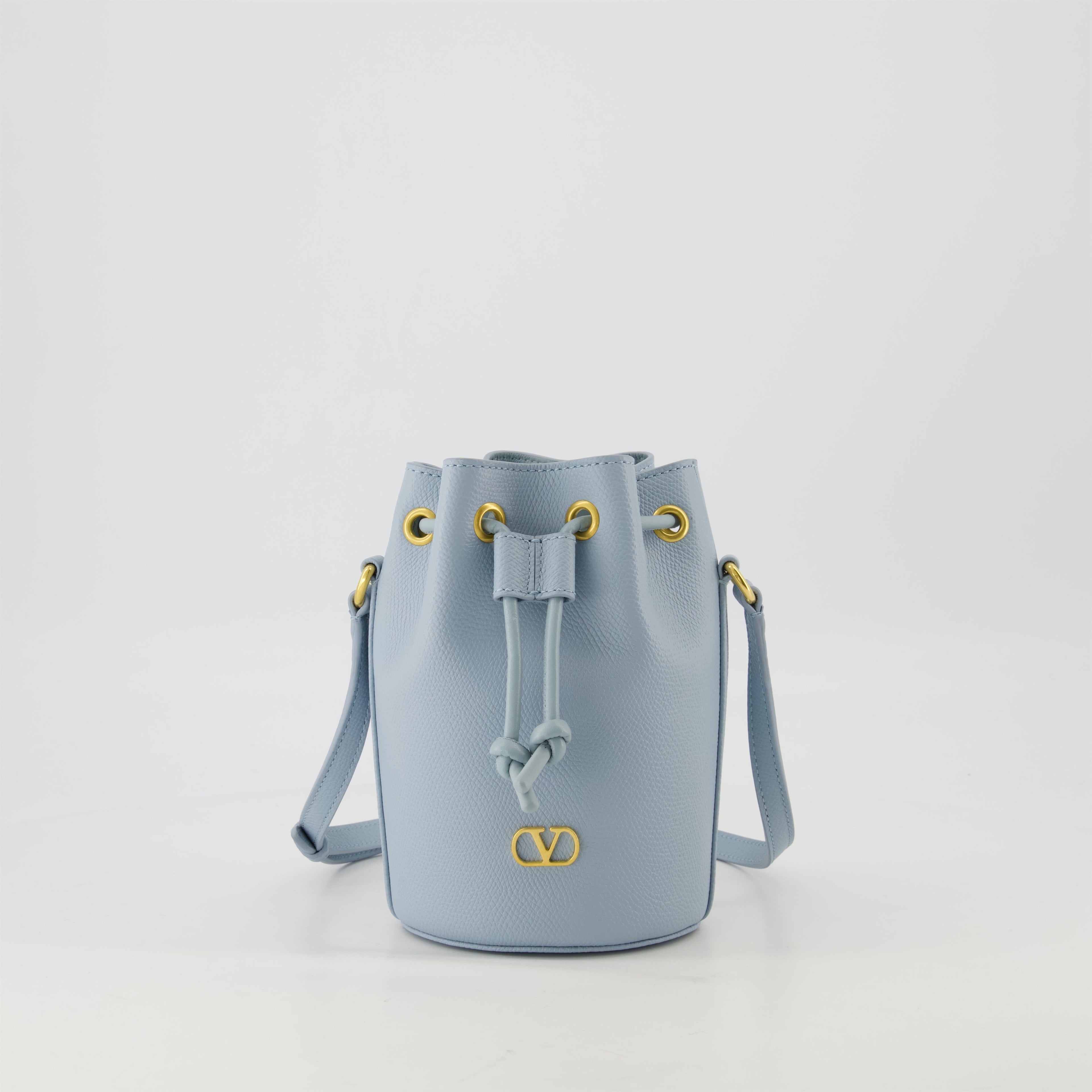 Mini VLogo Bucket Bag, Valentino Garavani, light blue bag, grained calfskin bag, adjustable strap accessory