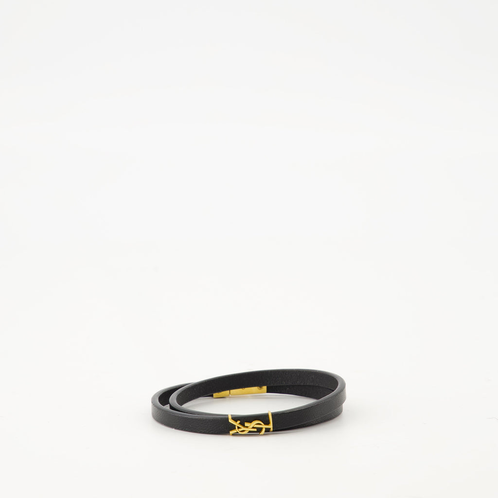Cassandre Double Tour Bracelet, Saint Laurent bracelet, black leather bracelet, gold metal details, luxury accessories