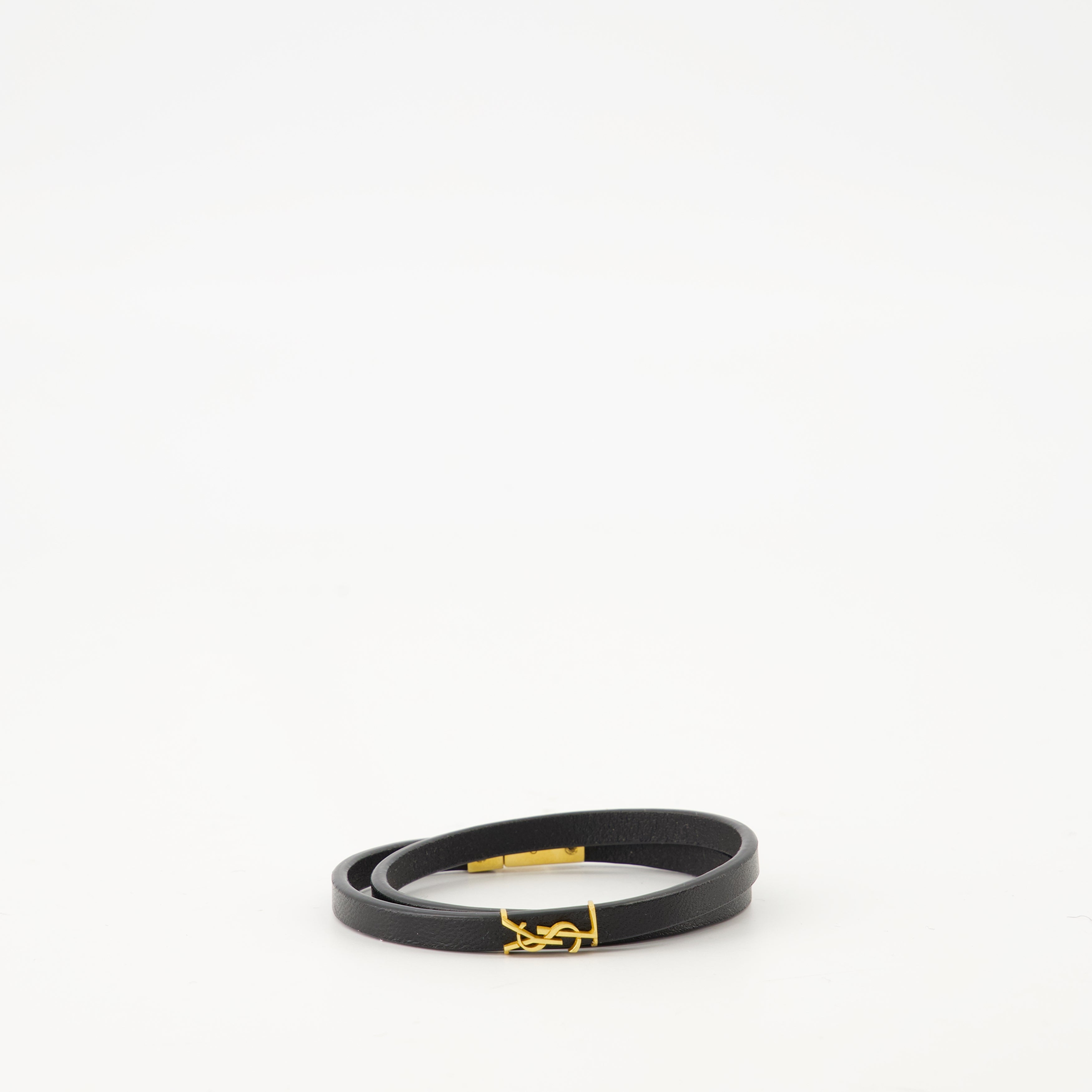 Cassandre Double Tour Bracelet, Saint Laurent bracelet, black leather bracelet, gold metal details, luxury accessories
