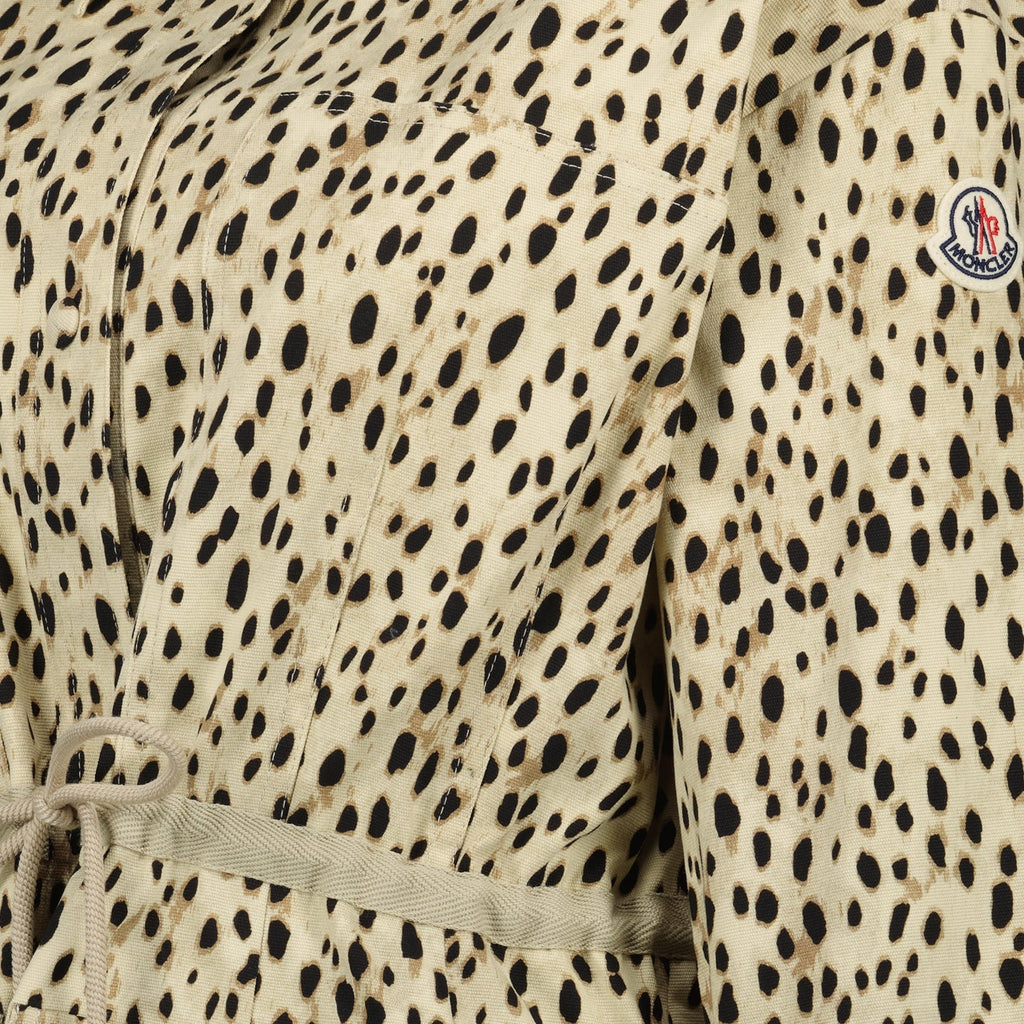 leopard print windbreaker, Moncler coat, technical serge jacket, adjustable fit outerwear, contemporary fashion