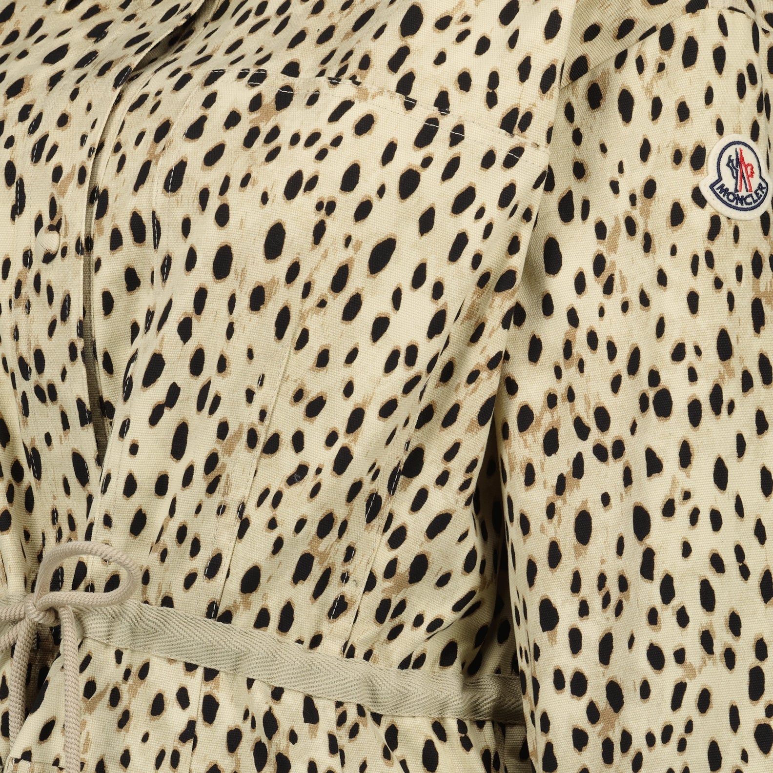 leopard print windbreaker, Moncler coat, technical serge jacket, adjustable fit outerwear, contemporary fashion
