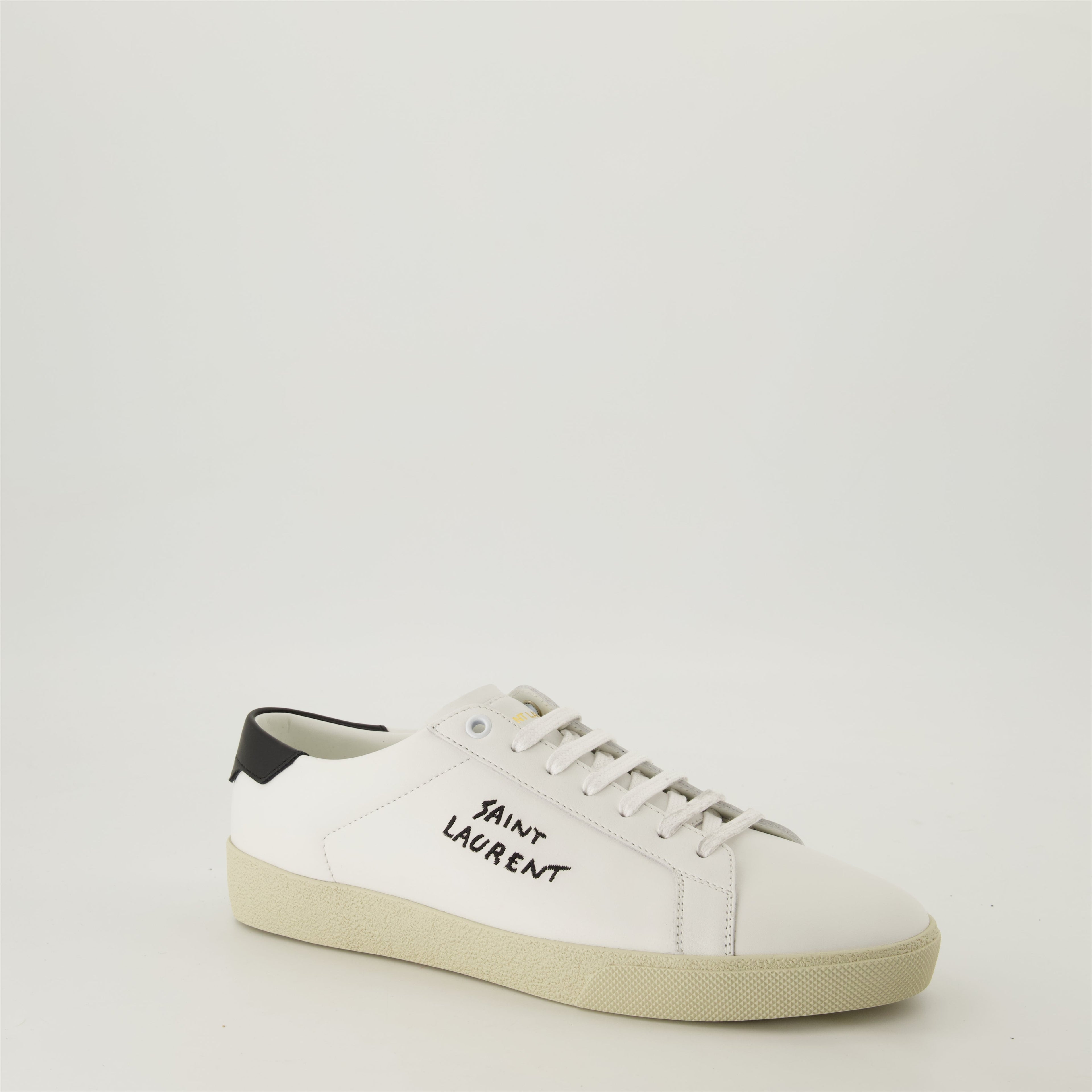 smooth leather sneakers, round toe design, gum sole sneakers, white leather sneakers, logo accent shoes
