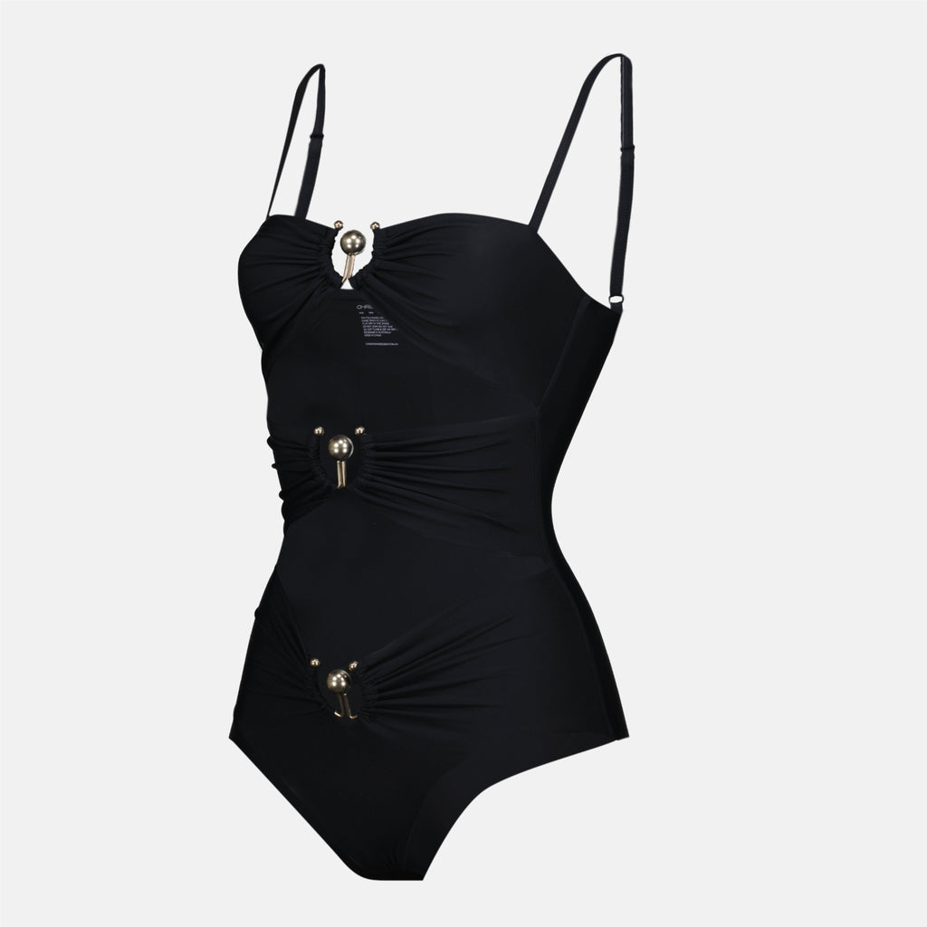 black swimsuit, Christopher Esber, one-piece swimwear, adjustable straps, matte finish