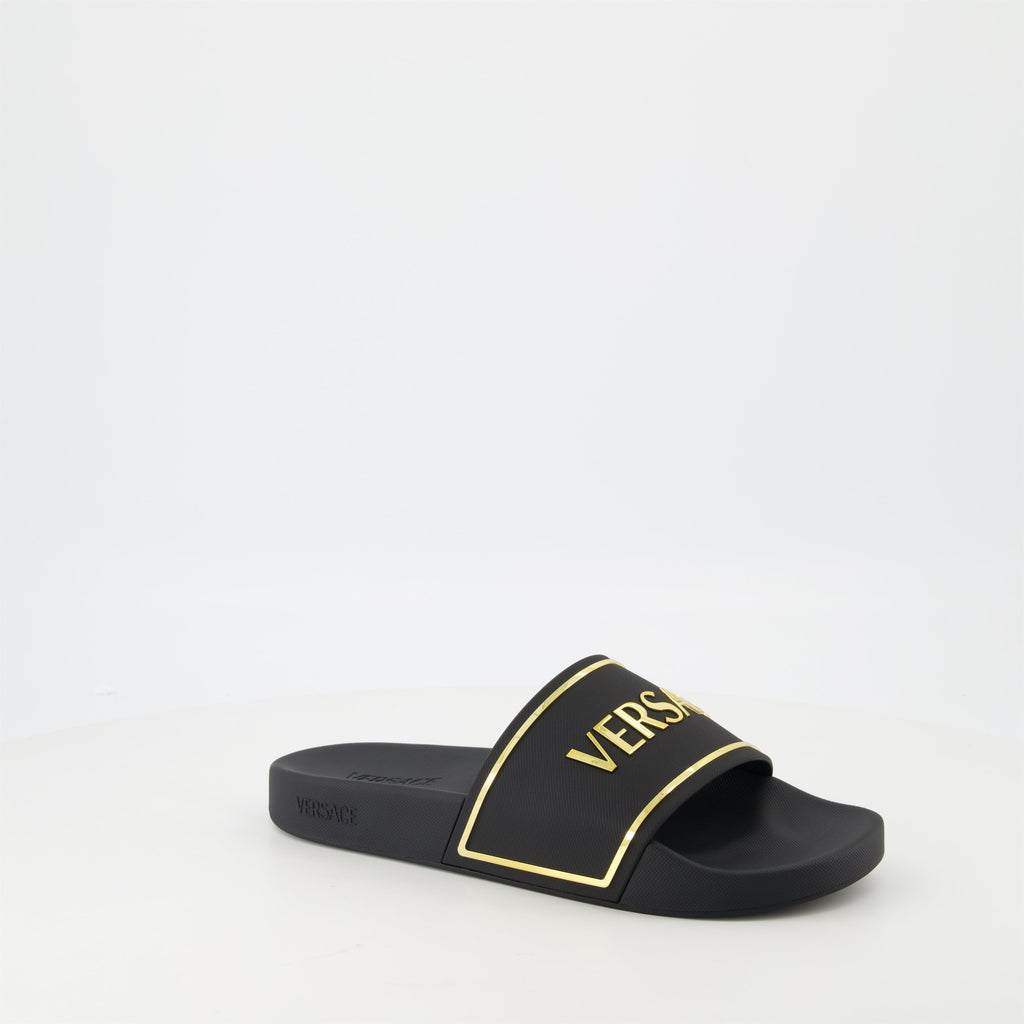 gold logo slides, Versace slides, comfortable rubber footwear, contemporary slides, stylish casual footwear