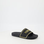 gold logo slides, Versace slides, comfortable rubber footwear, contemporary slides, stylish casual footwear