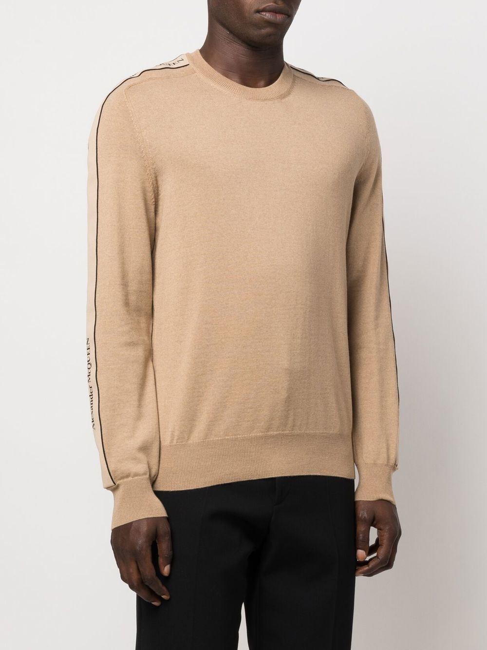 Men's Beige Sweater, Alexander McQueen, Men's Wool Sweater, Embroidered Logo Sweater, Ribbed Trim Sweater