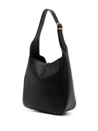 black leather bag, Saint Laurent, grained leather, elegant handbag, adjustable strap