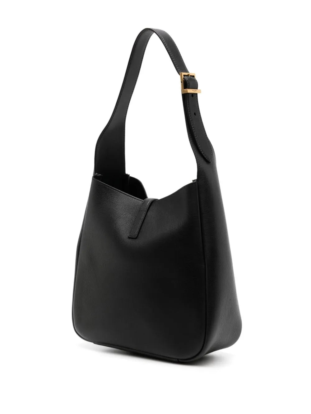black leather bag, Saint Laurent, grained leather, elegant handbag, adjustable strap